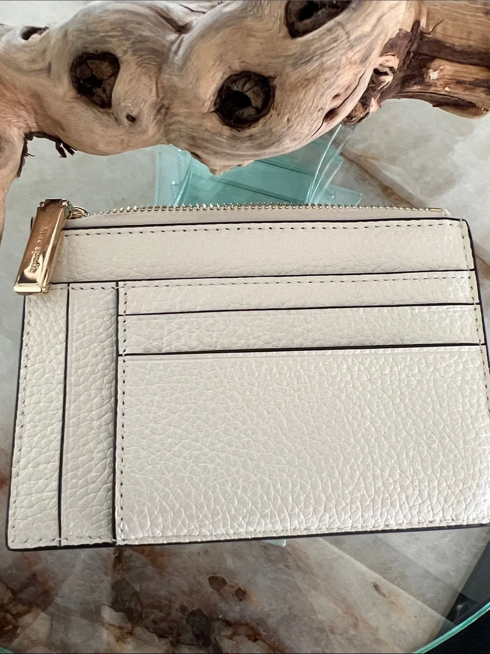 kate spade White Pebbled Leather Card & Key Holder with Gold Spade Logo